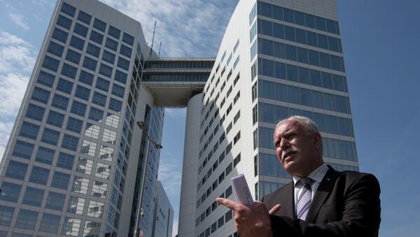 Palestinian Foreign Minister Riyad Al-Maliki waits to give an interview outside the International Criminal Court, rear, in The Hague, Netherlands, Thursday, June 25, 2015 - Sputnik International