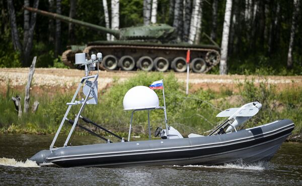 A demonstration flight of a fixed-wing unmanned aerial vehicle (launched from a BK-10 motor boat) at the Army 2015 International Military-Technical Forum in Kubinka A demonstration flight of a fixed-wing unmanned aerial vehicle (launched from a BK-10 motor boat) at the Army 2015 International Military-Technical Forum in Kubinka - Sputnik International