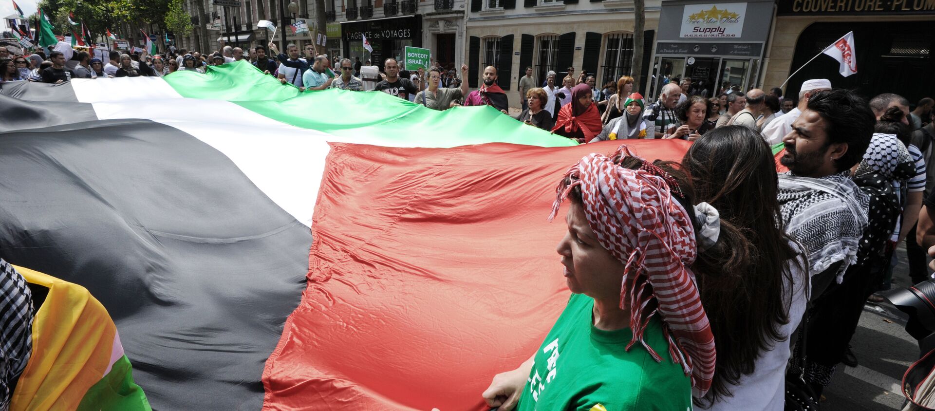 Protesters unfold a large Palestinian flag during a pro-Palestinian demonstration in Paris on August 2, 2014 - Sputnik International, 1920