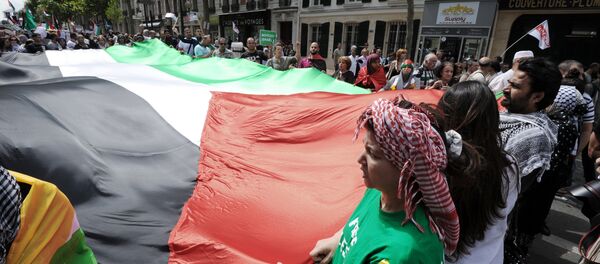 Protesters unfold a large Palestinian flag during a pro-Palestinian demonstration in Paris on August 2, 2014 - Sputnik International