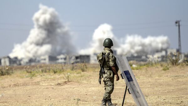 A picture taken from the Turkish side of the border in Suruc, Sanliurfa province, shows a Turkish solider standing as smoke rises from the Syrian town of Kobane, also known as Ain al-Arab, on June 27, 2015 - Sputnik International