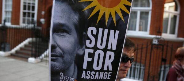 A supporter of Wikileaks founder Julian Assange holds a placard during a gathering outside the Ecuador embassy in London, Britain June 19, 2015 A supporter of Wikileaks founder Julian Assange holds a placard during a gathering outside the Ecuador embassy in London, Britain June 19, 2015 - Sputnik International