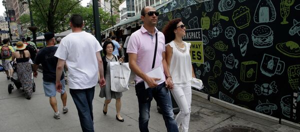 Newlyweds Valasia Limnioti, right, and Konstantinos Patronis walk in Midtown Manhattan, Thursday, July 2, 2015, in New York. The couple topped the dream trip of our lives in New York City, where their three-week honeymoon turned into a nightmare: Their Greek-issued credit cards were suddenly declined and they were left nearly penniless. Strangers from two Greek Orthodox churches in Queens came to their rescue, giving them survival cash until their flight home to Greece this Friday. Newlyweds Valasia Limnioti, right, and Konstantinos Patronis walk in Midtown Manhattan, Thursday, July 2, 2015, in New York. The couple topped the dream trip of our lives in New York City, where their three-week honeymoon turned into a nightmare: Their Greek-issued credit cards were suddenly declined and they were left nearly penniless. Strangers from two Greek Orthodox churches in Queens came to their rescue, giving them survival cash until their flight home to Greece this Friday. - Sputnik International