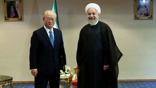 Iran's President Hassan Rouhani, right, welcomes the International Atomic Energy Agency's director-general, Yukiya Amano, as they pose for photos at the start of their meeting in Tehran, Iran, Thursday, July 2, 2015 - Sputnik International