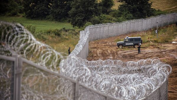 Border policemen stand guard next to a barbed wire wall on the Bulgarian border with Turkey, near the village of Golyam Dervent - Sputnik International