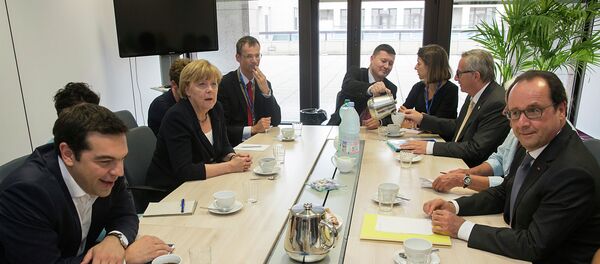 Greek Prime minister Alexis Tsipras (L), German Chancellor Angela Merkel (2ndL), European Commission President Jean-Claude Juncker (2ndR) and French President Francois Hollande (R) meet at the European Union (EU) headquarters in Brussels on July 7, 2015 Greek Prime minister Alexis Tsipras (L), German Chancellor Angela Merkel (2ndL), European Commission President Jean-Claude Juncker (2ndR) and French President Francois Hollande (R) meet at the European Union (EU) headquarters in Brussels on July 7, 2015 - Sputnik International