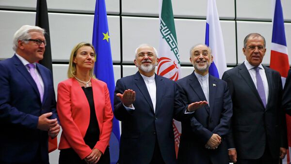 German Minister for Foreign Affairs Frank-Walter Steinmeier, High Representative of the European Union for Foreign Affairs and Security Policy Federica Mogherini, Iranian Foreign Minister Mohammad Javad Zarif, Iranian ambassador to IAEA Ali Akbar Salehi and Russian Foreign Minister Sergey Lavrov (L-R), prepare for a family photo in Vienna, Austria 14 July, 2015 - Sputnik International