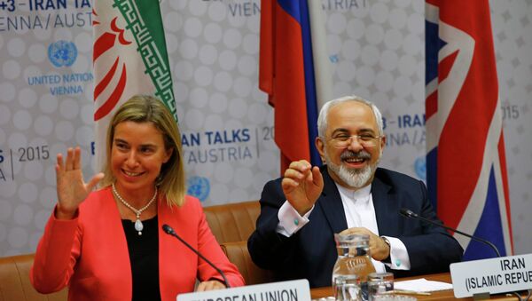High Representative of the European Union for Foreign Affairs and Security Policy Federica Mogherini and Iranian Foreign Minister Mohammad Javad Zarif (R) react during a plenary session at the United Nations building in Vienna, Austria July 14, 2015. - Sputnik International