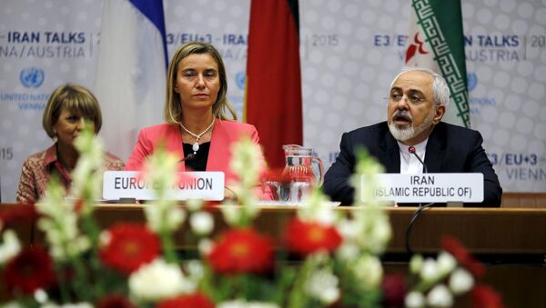 Iranian Foreign Minister Mohammad Javad Zarif speaks next to European Union High Representative for Foreign Affairs and Security Policy Federica Mogherini (L) during a plenary session at the United Nations building in Vienna, Austria July 14, 2015 - Sputnik International