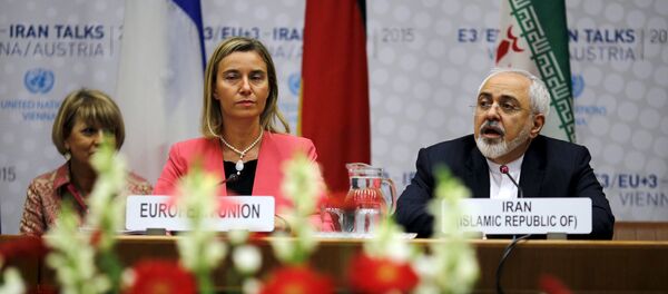 Iranian Foreign Minister Mohammad Javad Zarif speaks next to European Union High Representative for Foreign Affairs and Security Policy Federica Mogherini (L) during a plenary session at the United Nations building in Vienna, Austria July 14, 2015 - Sputnik International