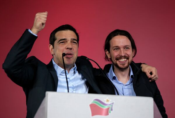 Alexis Tsipras, leader of Greece's Syriza left-wing main opposition party, left, and Pablo Iglesias leader of Spanish Podemos left-wing party wave to the crowd after a pre-election speech at Omonia Square in Athens on Thursday, Jan. 22, 2015. Alexis Tsipras, leader of Greece's Syriza left-wing main opposition party, left, and Pablo Iglesias leader of Spanish Podemos left-wing party wave to the crowd after a pre-election speech at Omonia Square in Athens on Thursday, Jan. 22, 2015. - Sputnik International