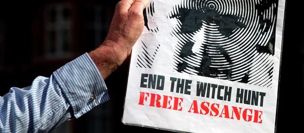 A supporter of Wikileaks founder Julian Assange holds a banner outside the Ecuadorian embassy in London. A supporter of Wikileaks founder Julian Assange holds a banner outside the Ecuadorian embassy in London. - Sputnik International