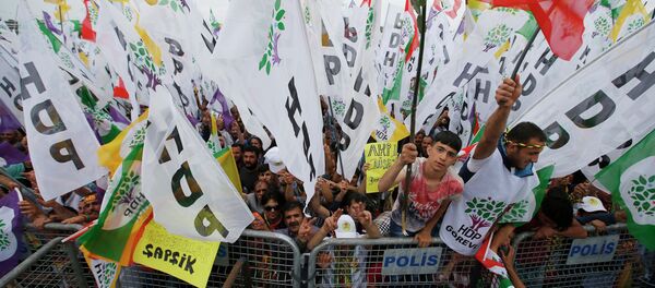 Supporters listen to Selahattin Demirtas, co-chair of the pro-Kurdish Peoples' Democratic Party, HDP, as he addresses an election rally in Istanbul, Turkey, Saturday, May 30, 2015 - Sputnik International