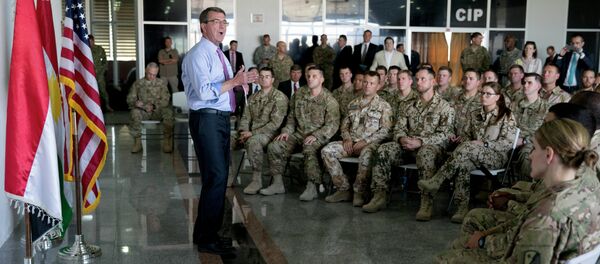 US Defence Secretary Ashton Carter (C) talks to multinational troops at the Arbil International Airport in the capital of the autonomous northern Iraqi region on July 24, 2015 - Sputnik International