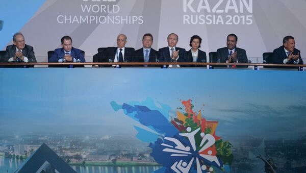 President Vladimir Putin attends opening ceremony of 16 FINA World Championships - Sputnik International