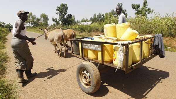 Men drive a donkey-cart as they carry water from a stream in the village of Nyang'oma Kogelo, west of Kenya's capital Nairobi, July 15, 2015. U.S - Sputnik International