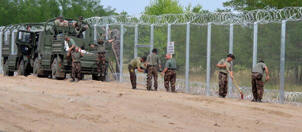 A picture is taken on July 18, 2015 shows soldiers of the Hungarian Army's technical unit finish the first completed elements of the 150 meter-long metal fence at the Hungarian-Serbian border nearby Morahalom village A picture is taken on July 18, 2015 shows soldiers of the Hungarian Army's technical unit finish the first completed elements of the 150 meter-long metal fence at the Hungarian-Serbian border nearby Morahalom village - Sputnik International