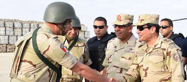 Egyptian President Abdel Fattah al-Sisi (R) greets members of the Egyptian armed forces, after travelling to the troubled northern part of the Sinai peninsula to inspect troops, in this July 4, 2015 handout picture courtesy of the Egyptian Presidency Egyptian President Abdel Fattah al-Sisi (R) greets members of the Egyptian armed forces, after travelling to the troubled northern part of the Sinai peninsula to inspect troops, in this July 4, 2015 handout picture courtesy of the Egyptian Presidency - Sputnik International