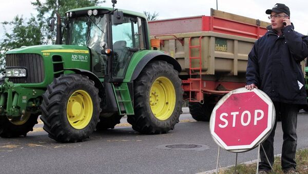 French farmers control trucks at the French-German border on the Rhine bridge in Strasbourg, eastern France, in order to stop importation of foreign meat and milk products in France, Monday, July 27, 2015. - Sputnik International