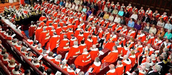 Britain's Queen Elizabeth, rear centre left, delivers her speech at the State Opening of Parliament, in the House of Lords in London Wednesday May 8, 2013.  - Sputnik International