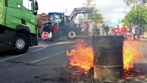 A barrel burns as a road in Kehl, Germany is blocked by French farmers leading to a bridge linking Kehl and Stasbourg, France on July 27, 2015 - Sputnik International