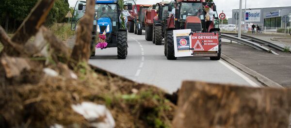 Farmers block the road with tractors, on one of which a placard reads 'Farmers in distress, more prices, less regulation', as they protest near the Lactalis dairy factory during a demonstration against the low sales prices of their production, on July 27, 2015 in Laval, western France - Sputnik International