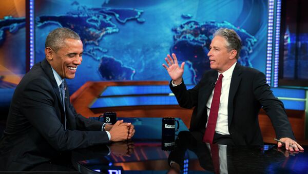 President Barack Obama talks with Jon Stewart, host of The Daily Show, during a taping on Tuesday, July 21, 2015, in New York. - Sputnik International