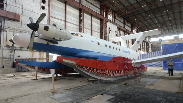 The Orion 20 wing-in-ground effect aircraft at the Ground-Effect Craft Center set up on the base of the Avangard Shipyard. - Sputnik International