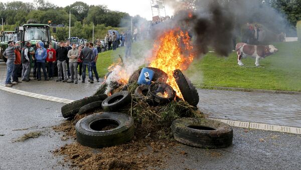 Tyres are set on fire to block roads leading to a highway during a protest by Belgian dairy farmers against low milk price in Battice near Liege, Belgiu - Sputnik International
