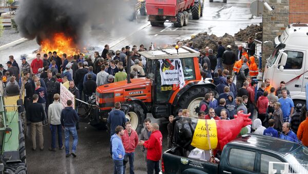 Belgian dairy farmers block the access to the milk processing factory Corman during a protest against low milk prices in Bethane near Liege, Belgium - Sputnik International