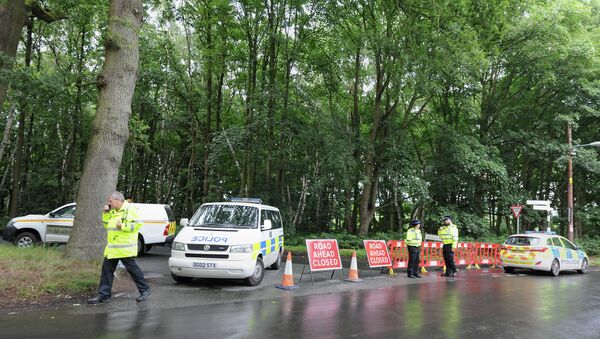 Police stand by a closed road near the scene of a light plane crash, at Oulton Park, in Cheshire, England - Sputnik International