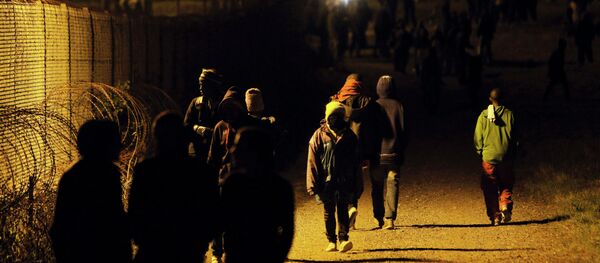 Migrants walk along a fence outside the Eurotunnel area, in Calais, northern France, July 29, 2015 - Sputnik International