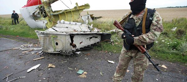 Independence supporter standing at the crash site of Malaysia Airlines flight MH17, near the settlement of Grabovo in the Donetsk region, is seen in this July 18, 2014 file photo - Sputnik International