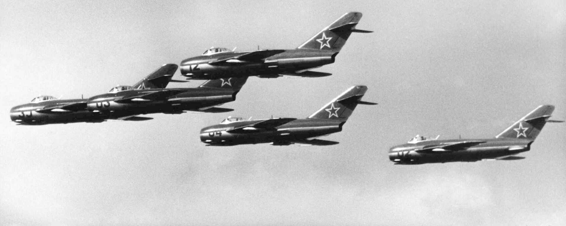 Russian MIG 15 jet fighters during a demonstration at the East German Air Force Sports and Cultural Festival, at Cottbus, East Germany, on Sept. 3, 1957 - Sputnik International, 1920, 16.02.2020
