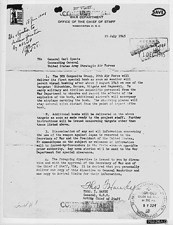Letter received from General Thomas Handy to General Carl Spaatz authorizing the dropping of the first atomic bomb. Letter received from General Thomas Handy to General Carl Spaatz authorizing the dropping of the first atomic bomb. - Sputnik International