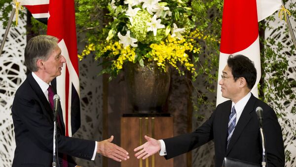 Japan's Foreign Minister Fumio Kishida (R) shakes hands with British Foreign Secretary Philip Hammond after a news conference about the 4th UK-Japan Strategic Dialogue at Iikura House in Tokyo - Sputnik International