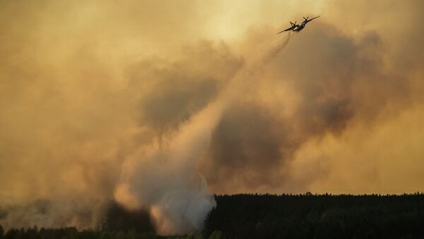 A firework plane extinguishes a forest fire in the Chernobyl area, Ukraine, Tuesday, April 28, 2015 - Sputnik International