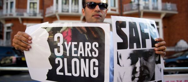 A supporter of Wikileaks founder Julian Assange holds banners outside the Ecuadorian embassy in London as he marks three years since Assange claimed asylum in the embassy on June 19, 2015 A supporter of Wikileaks founder Julian Assange holds banners outside the Ecuadorian embassy in London as he marks three years since Assange claimed asylum in the embassy on June 19, 2015 - Sputnik International