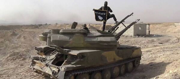 In this picture released on Wednesday, Aug. 5, 2015 by the Rased News Network a Facebook page affiliated with Islamic State militants, an Islamic State militant holds the group's flag as he stands on a tank they captured from Syrian government forces, in the town of Qaryatain southwest of Palmyra, central Syri In this picture released on Wednesday, Aug. 5, 2015 by the Rased News Network a Facebook page affiliated with Islamic State militants, an Islamic State militant holds the group's flag as he stands on a tank they captured from Syrian government forces, in the town of Qaryatain southwest of Palmyra, central Syri - Sputnik International
