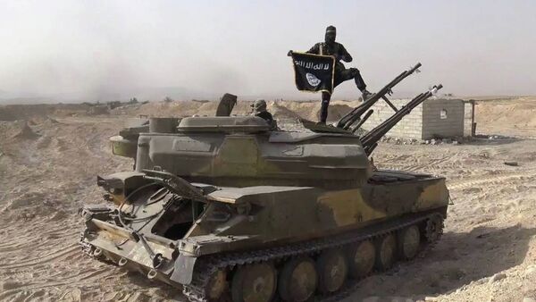 In this picture released on Wednesday, Aug. 5, 2015 by the Rased News Network a Facebook page affiliated with Islamic State militants, an Islamic State militant holds the group's flag as he stands on a tank they captured from Syrian government forces, in the town of Qaryatain southwest of Palmyra, central Syri - Sputnik International