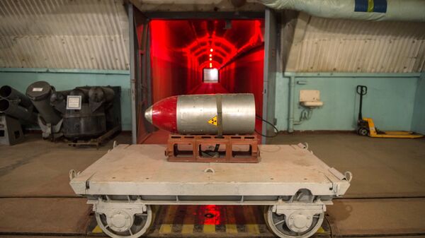 Nuclear payload on a trolley in a tunnel of the nuclear arsenal loading area at the Balaklava Naval Museum (submarine museum) in the Crimea - Sputnik International
