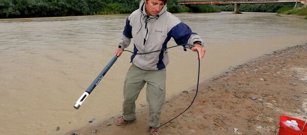 An official with the Utah Department of Environmental Quality takes a pH level reading from a probe in the San Juan River in Utah. - Sputnik International