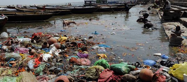 Indian scavengers look for coins and other valuable items from among the offerings of devotees in the Ganges at Varanasi - Sputnik International