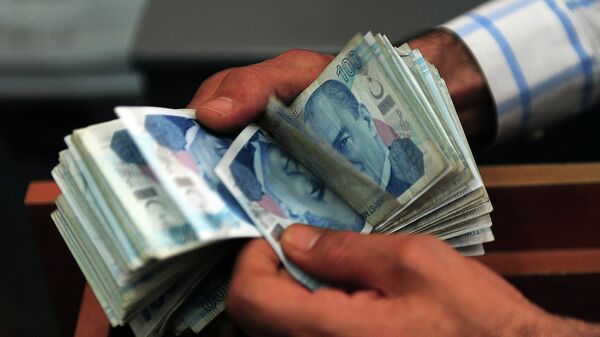 An exchange office worker counts Turkish lira banknotes in Istanbul on June 8, 2015 - Sputnik International