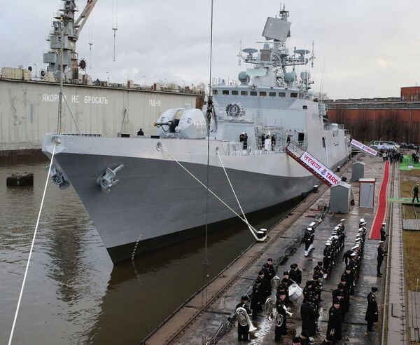 The frigate Tarkash (Quiver) at the pier of the Baltic Shipyard Yantar factory for the formal ceremony transferring the ship to the Naval forces of India The frigate Tarkash (Quiver) at the pier of the Baltic Shipyard Yantar factory for the formal ceremony transferring the ship to the Naval forces of India - Sputnik International