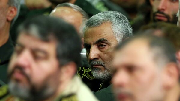 Iranian supreme leader, then chief of the Quds Force of Iran's Revolutionary Guard, Ghasem Soleimani, attends a meeting of the commanders of the Revolutionary Guard with Supreme Leader Ayatollah Ali Khamenei in Tehran, Iran. File photo - Sputnik International
