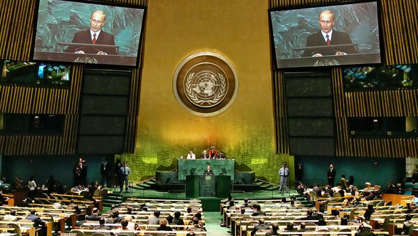 Russian President Vladimir Vladimirovich Putin delivers a speech during the 2005 World Summit, 15 September 2005 at the 60th session of the United Nations General Assembly in New York - Sputnik International