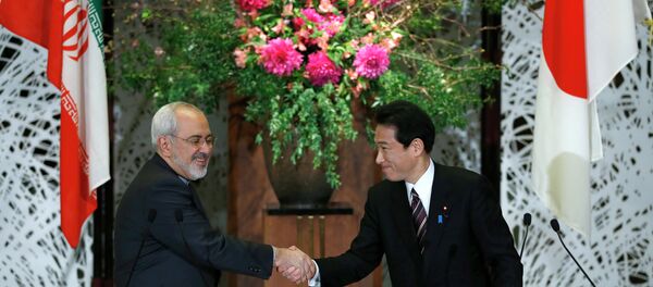 Iranian Foreign Minister Mohammad Javad Zarif, left, shakes hands with his Japanese counterpart Fumio Kishida. - Sputnik International