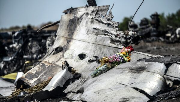 A picture taken on July 26, 2014 shows flowers left by the parents of an Australian passenger on the wreckage of the Malaysia Airlines MH17 near the village of Hrabove (Grabove) in the Donetsk region - Sputnik International