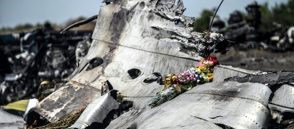 A picture taken on July 26, 2014 shows flowers left by the parents of an Australian passenger on the wreckage of the Malaysia Airlines MH17 near the village of Hrabove (Grabove) in the Donetsk region - Sputnik International